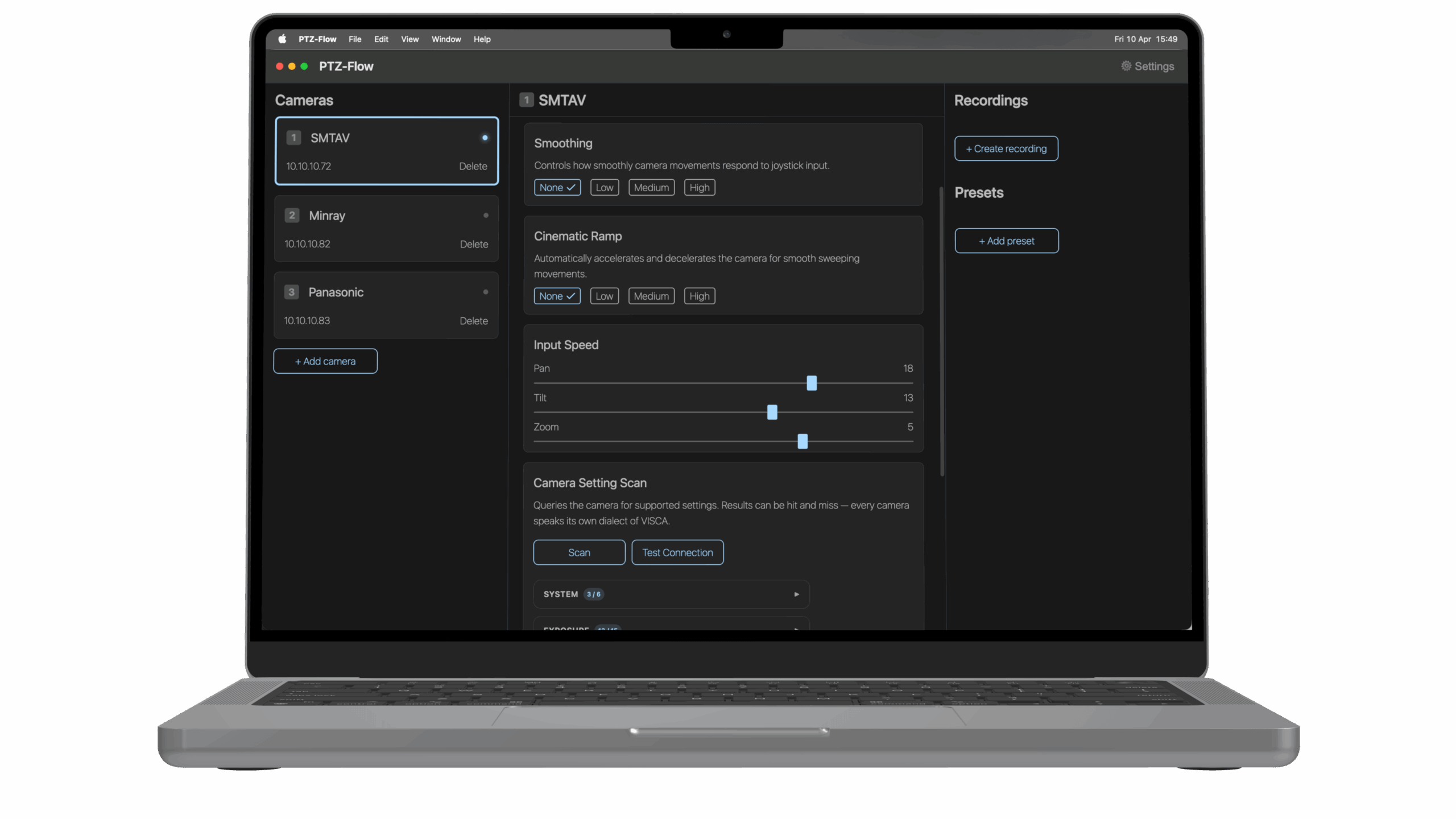 PTZ Flow app showing camera list, smoothing and cinematic ramp settings, and input speed sliders